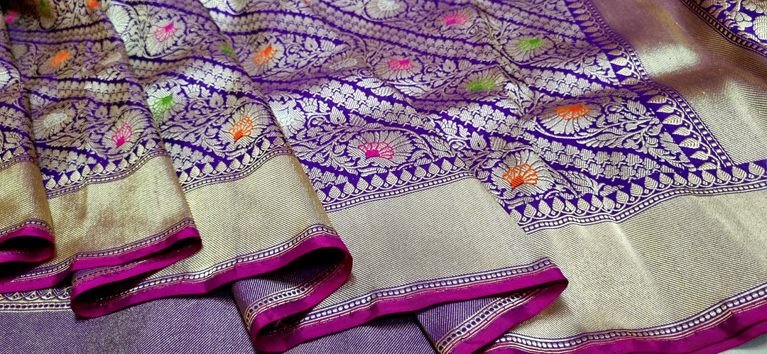 Pure katan Tanchui silk Hand Weaved Multi meena jaal work Saree