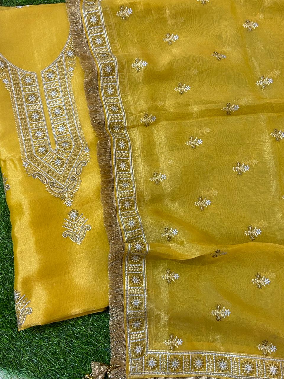 Pure Banarasi Kora Tissue Silk Unstitched Suit with beautiful Neck embeoidery | LIMITED EDITION |