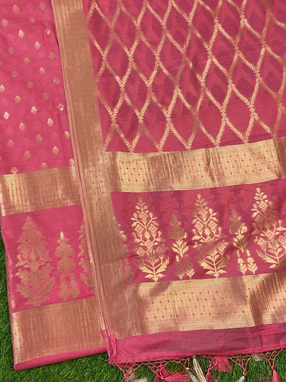 Pure Banarasi Chanderi Silk Resham Zari Weaved Unstitched Suit | Peach |