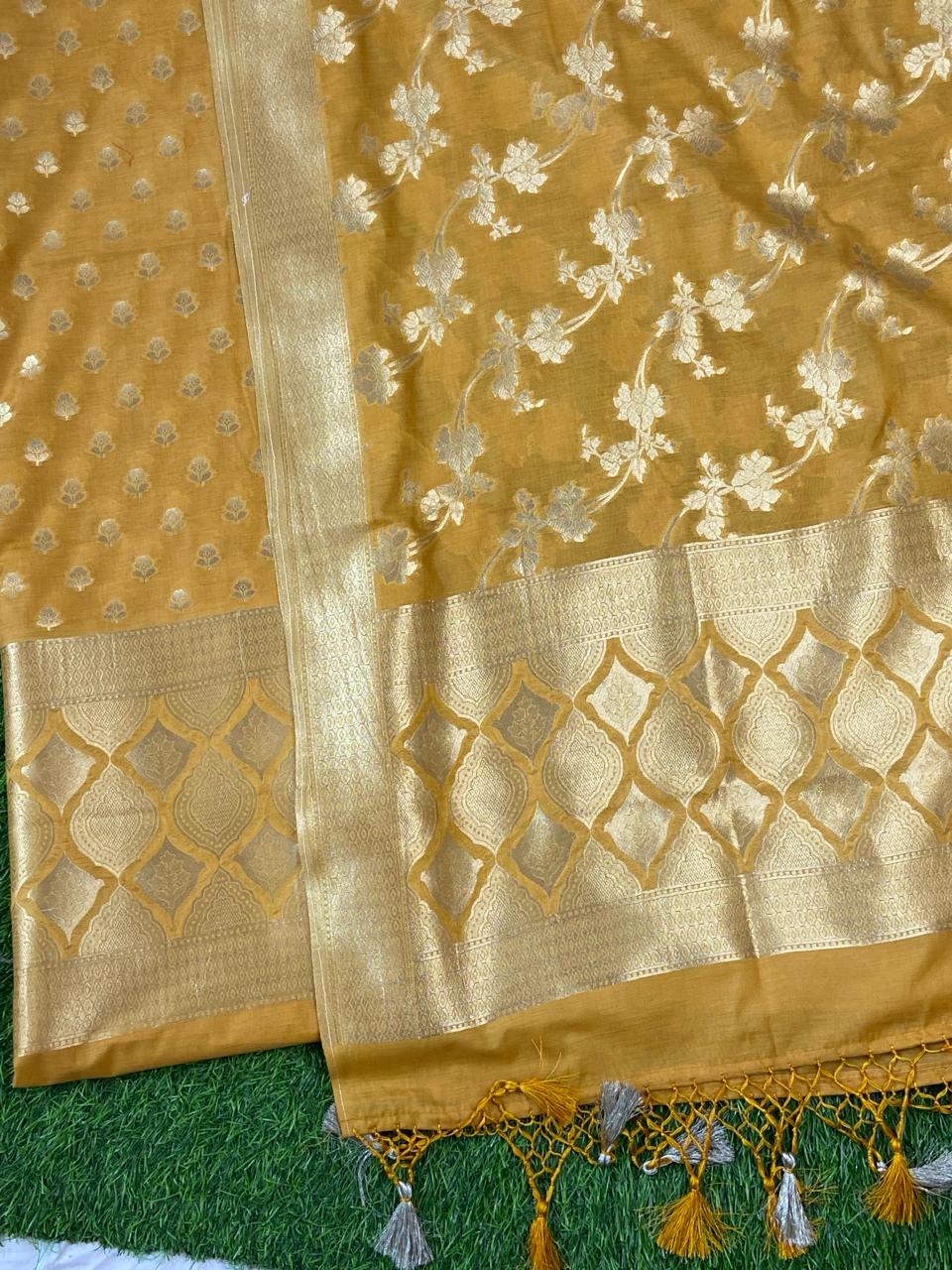 Pure Banarasi Chanderi Silk Resham Zari Weaved Unstitched Suit | Yellow |