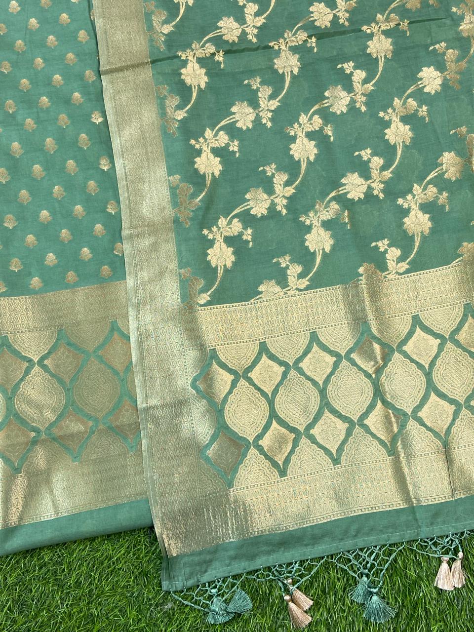 Pure Banarasi Chanderi Silk Resham Zari Weaved Unstitched Suit | green |