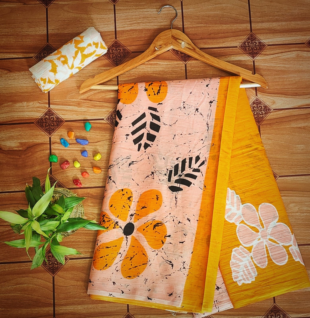 Pure  Mul cotton Hand Block Priny saree with Blouse.