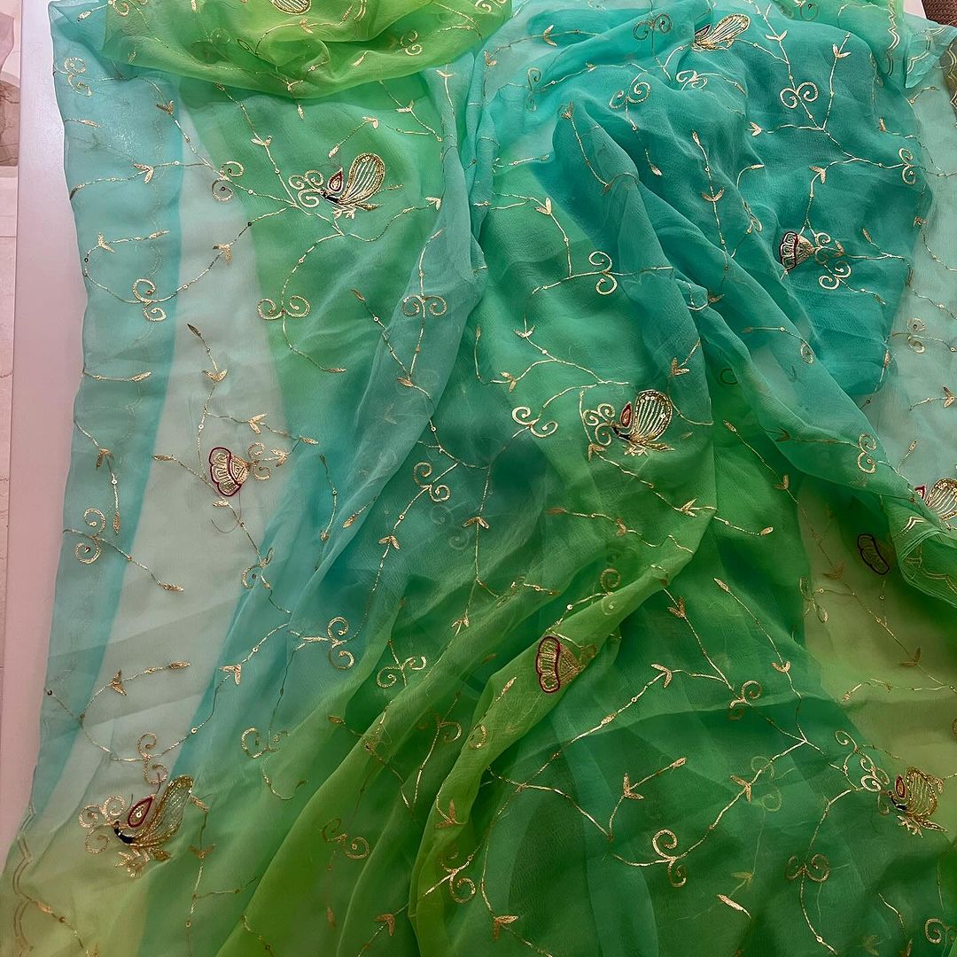 Beautifully Handcrafted Pure Diamond Chiffon saree in Green Color