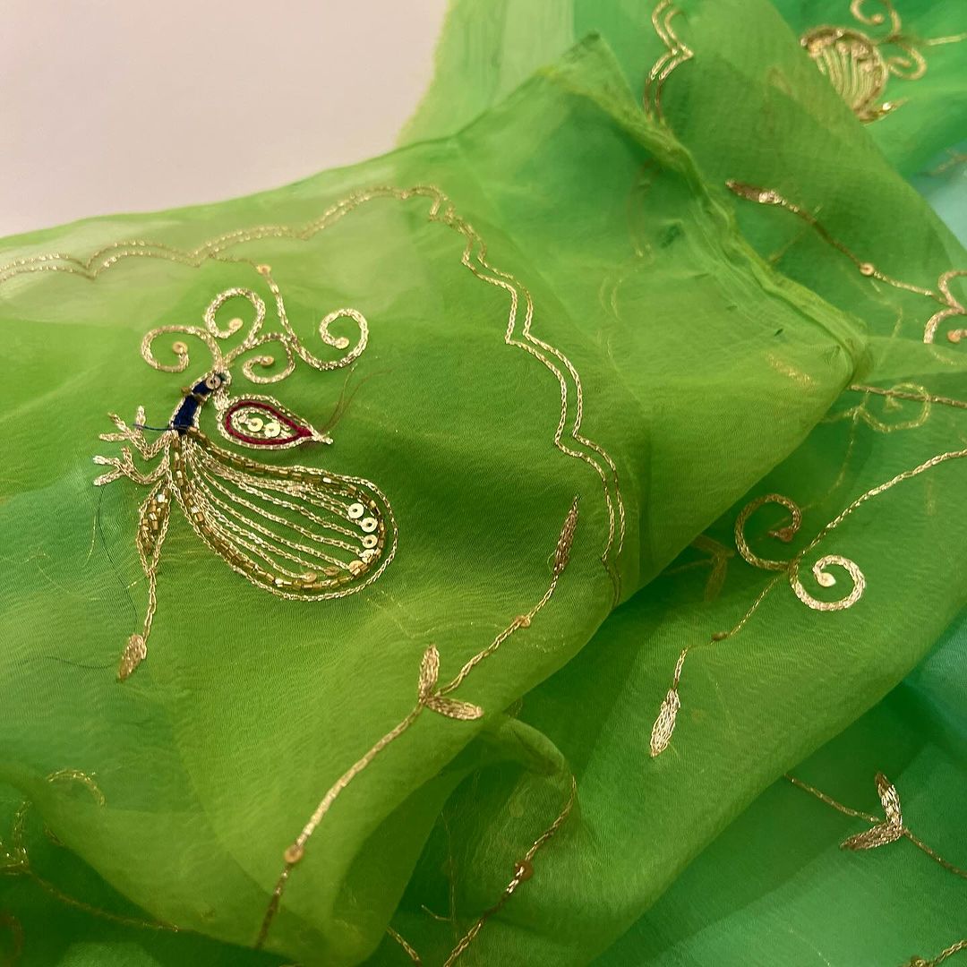 Beautifully Handcrafted Pure Diamond Chiffon saree in Green Color