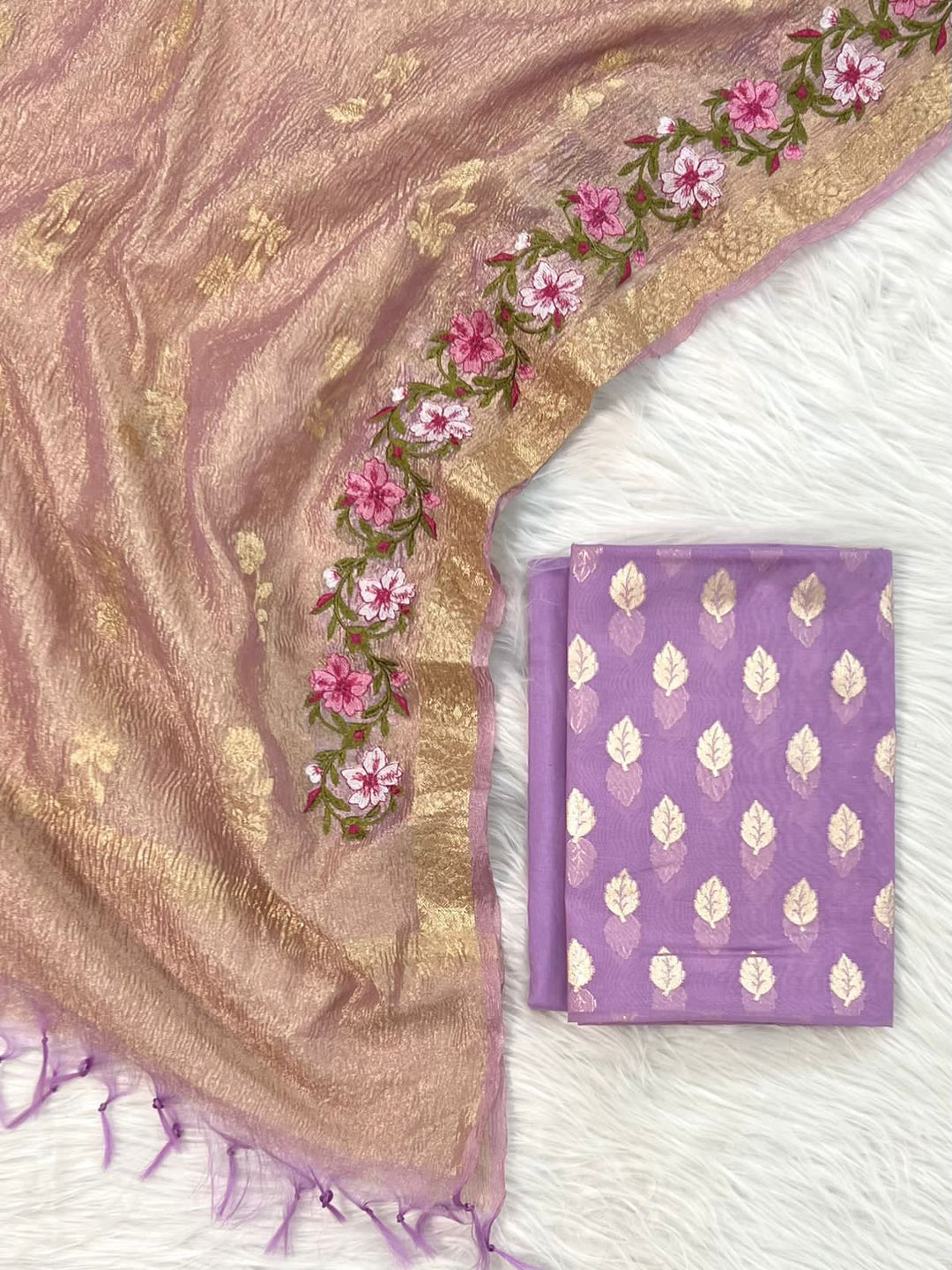 Banarasi Chanderi Silk Unstitched Suit with Tissue Dupatta