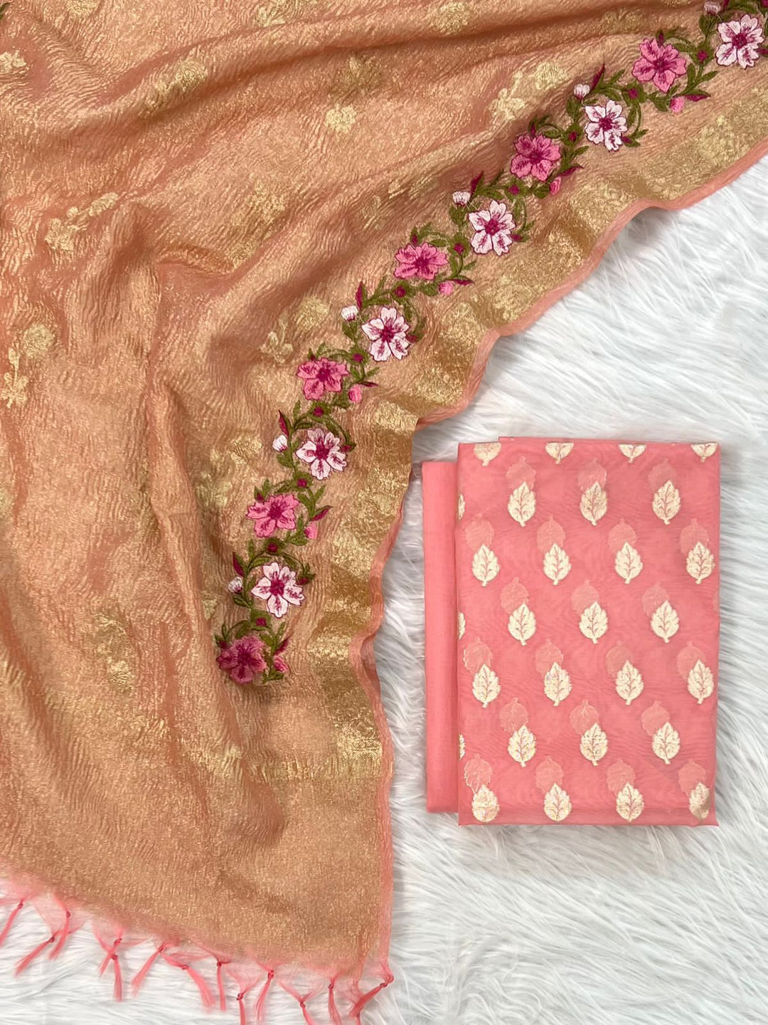Banarasi Chanderi Silk Unstitched Suit with Tissue Dupatta