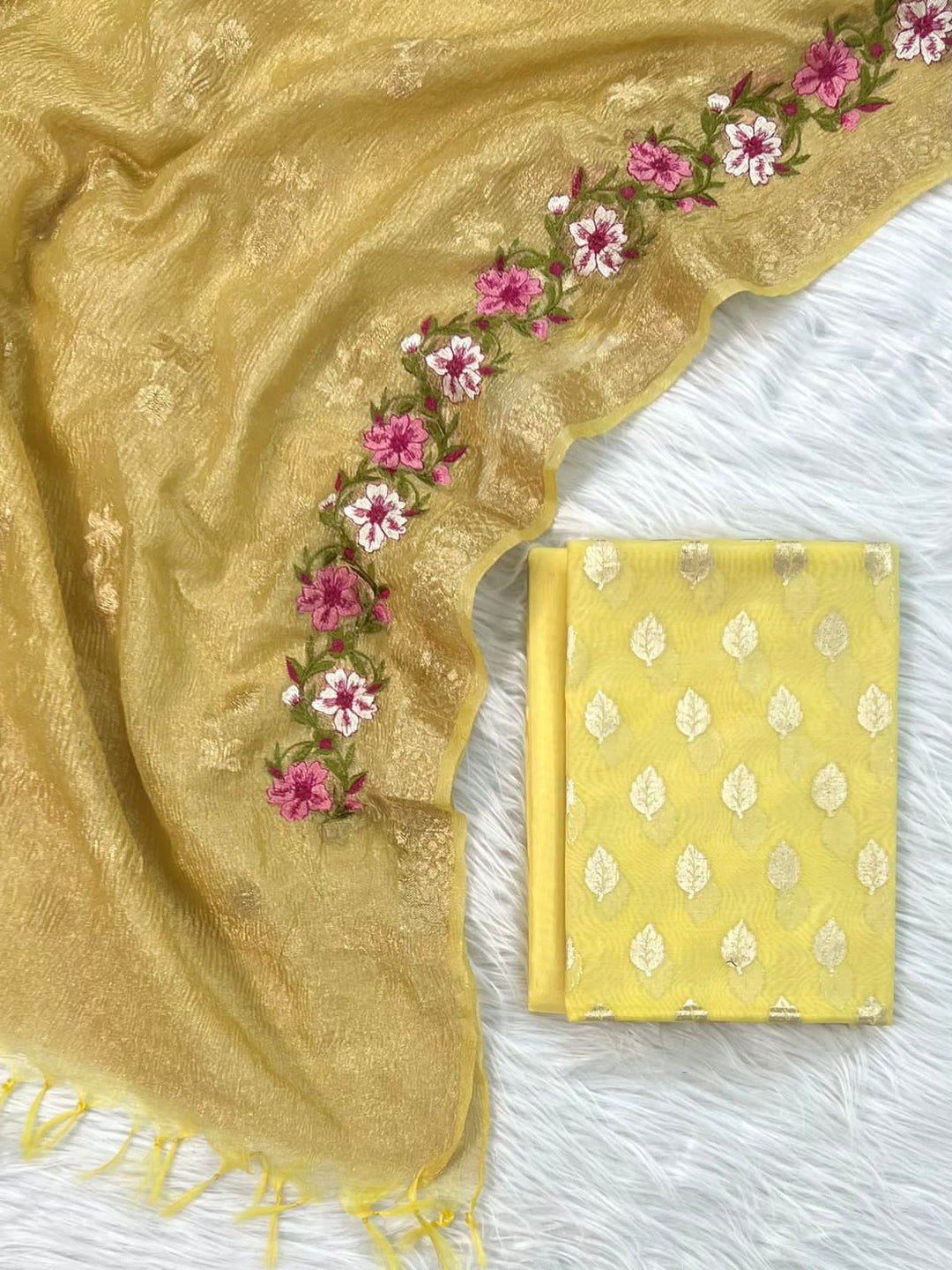 Banarasi Chanderi Silk Unstitched Suit with Tissue Dupatta