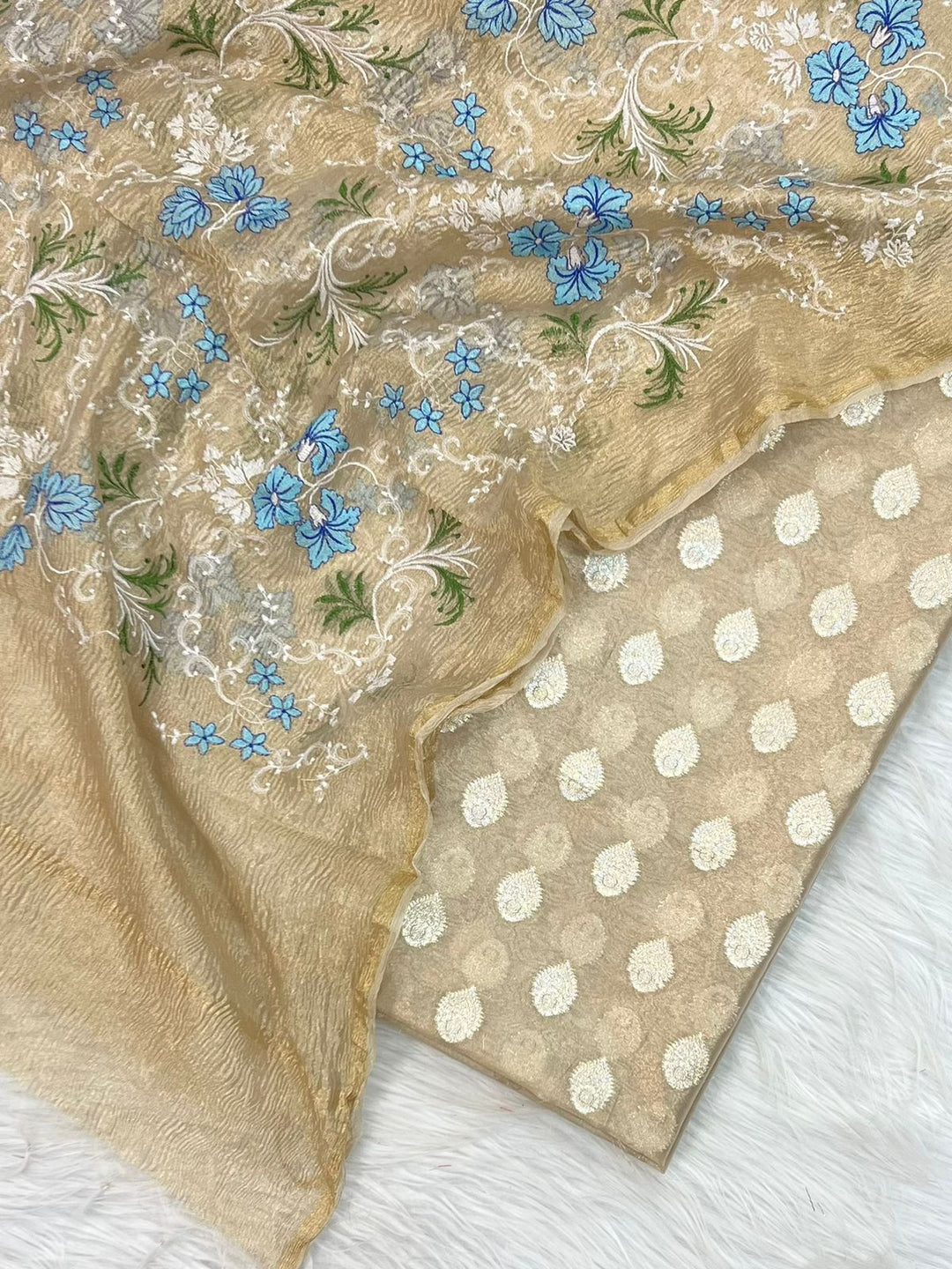 Banarasi Tissue Silk Unstitched Suit with Tissue Dupatta