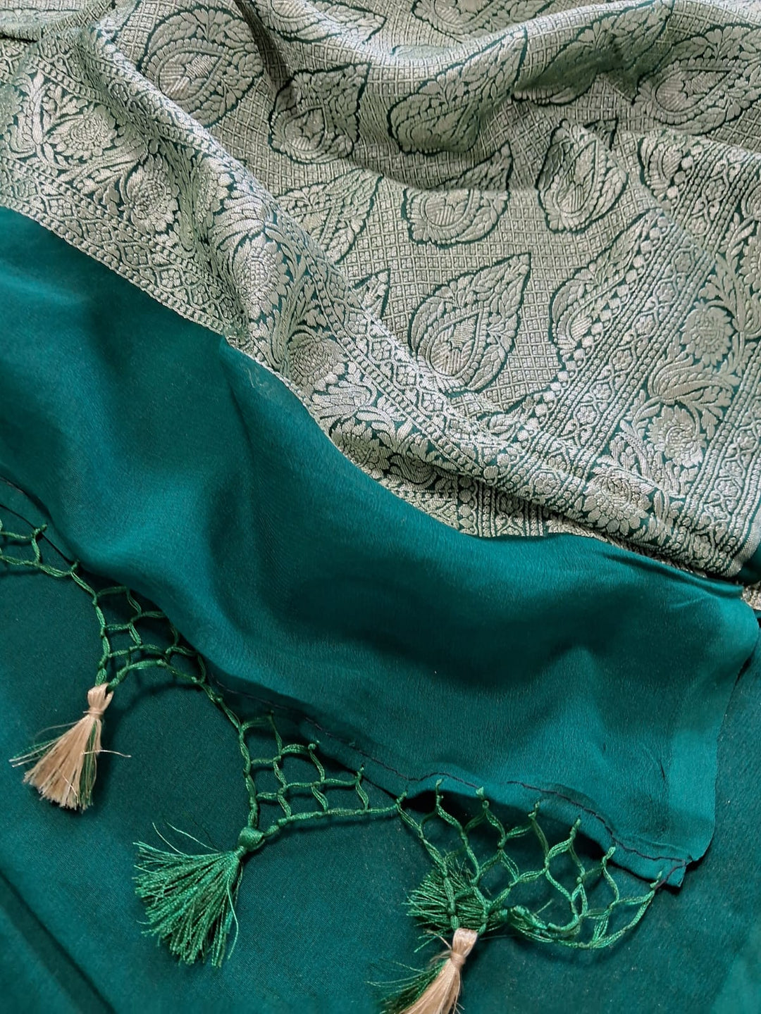 Pure Banarasi Handloom Khaddi Georgette Silk Saree With Water Zari Work in Green