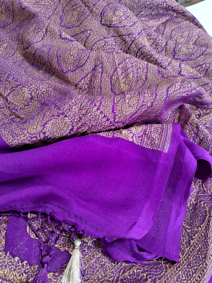 Pure Banarasi Handloom Khaddi Georgette Silk Saree With Water Zari Work in Purple