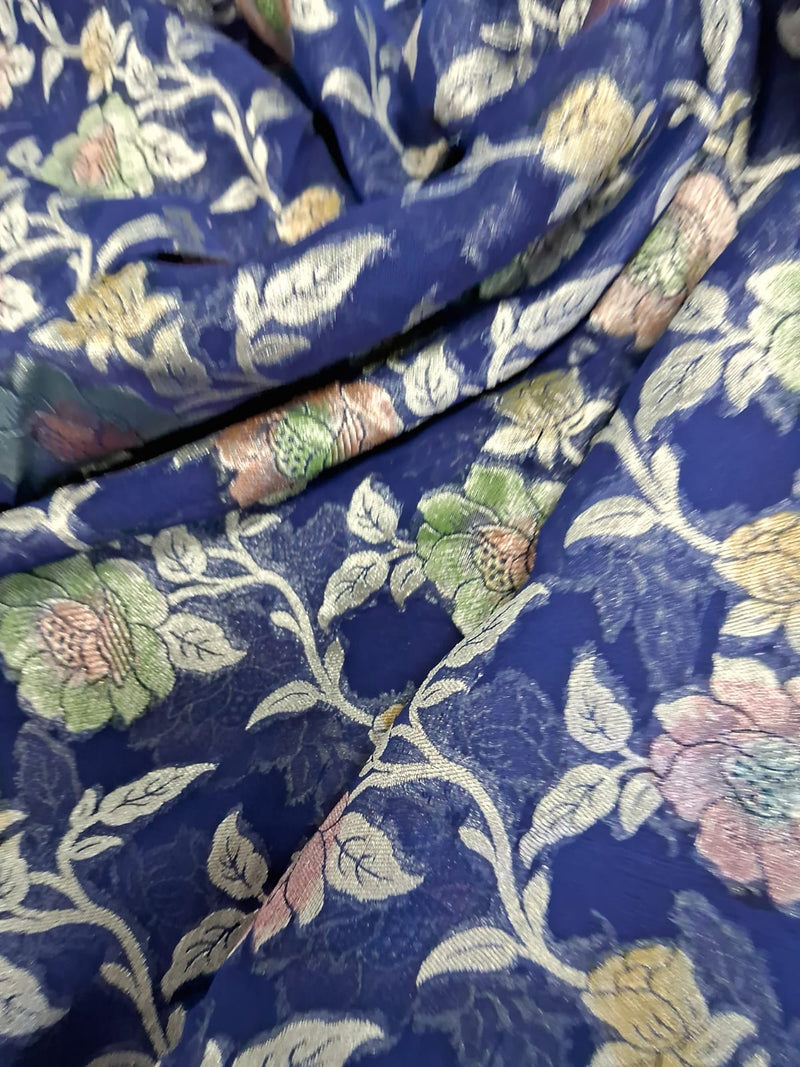 Pure Banarasi Handloom Khaddi Georgette Silk Saree With Water Zari Work in Blue color