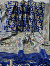 Pure Banarasi Handloom Khaddi Georgette Silk Saree With Water Zari Work in Blue color