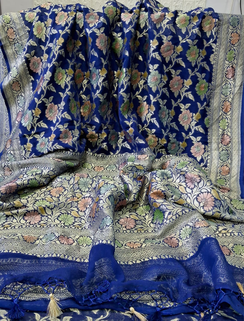 Pure Banarasi Handloom Khaddi Georgette Silk Saree With Water Zari Work in Blue color