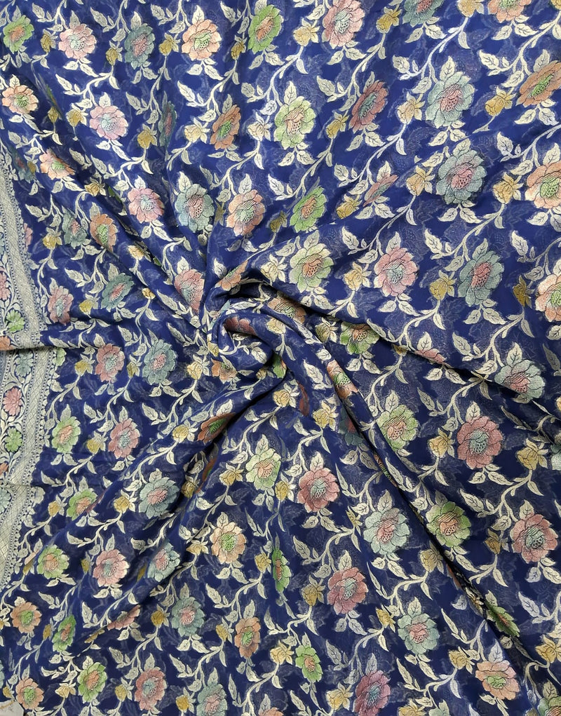 Pure Banarasi Handloom Khaddi Georgette Silk Saree With Water Zari Work in Blue color