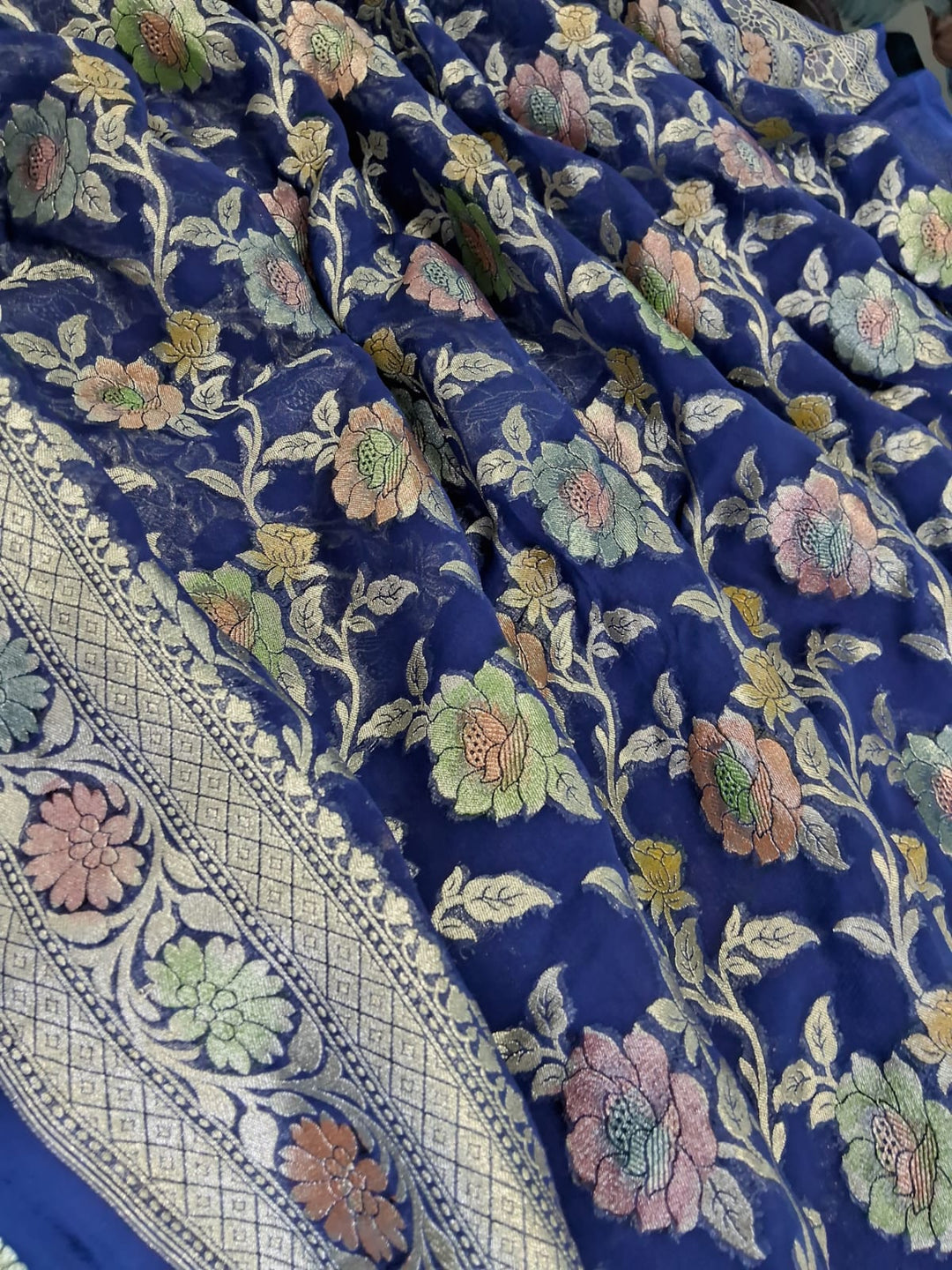 Pure Banarasi Handloom Khaddi Georgette Silk Saree With Water Zari Work in Blue color