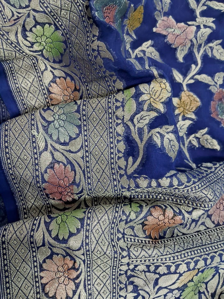 Pure Banarasi Handloom Khaddi Georgette Silk Saree With Water Zari Work in Blue color