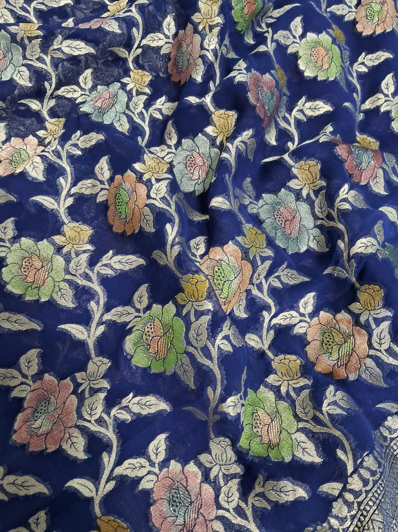 Pure Banarasi Handloom Khaddi Georgette Silk Saree With Water Zari Work in Blue color