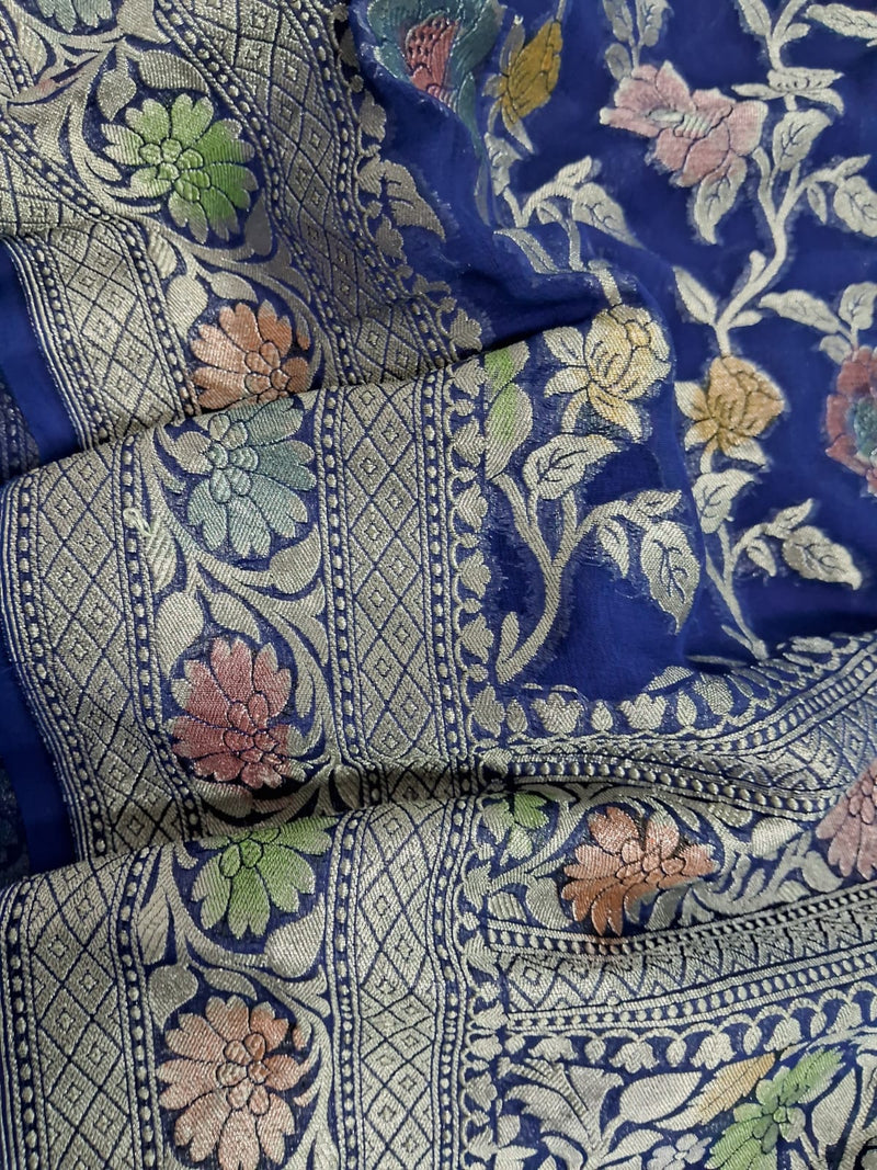 Pure Banarasi Handloom Khaddi Georgette Silk Saree With Water Zari Work in Blue color