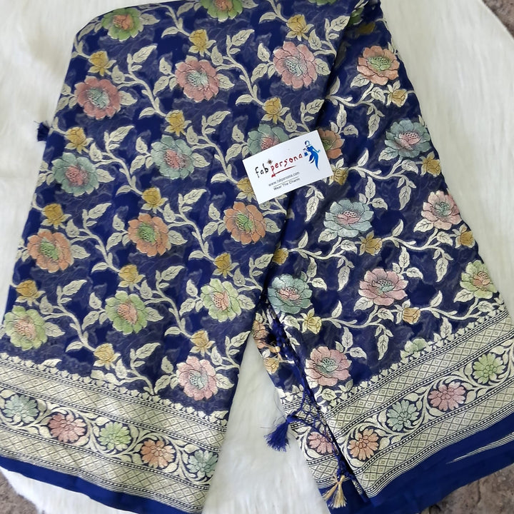 Pure Banarasi Handloom Khaddi Georgette Silk Saree With Water Zari Work in Blue color
