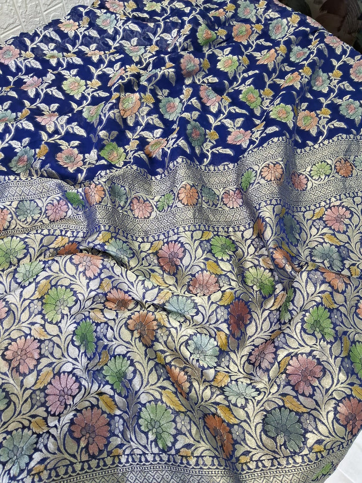 Pure Banarasi Handloom Khaddi Georgette Silk Saree With Water Zari Work in Blue color