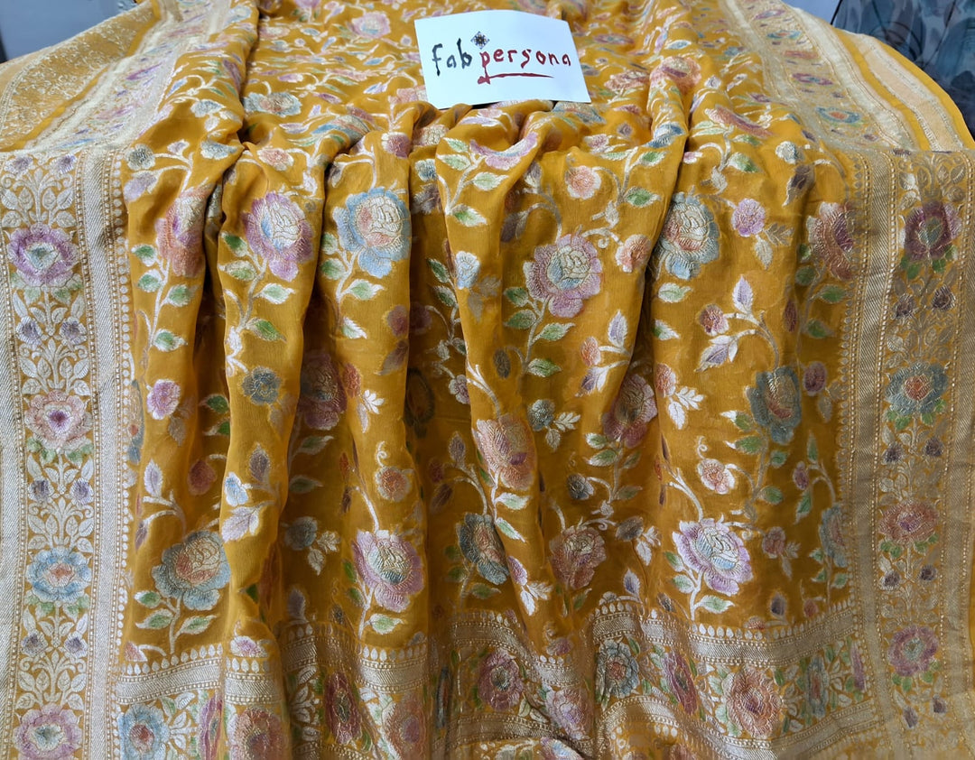 Pure Banarasi Handloom Khaddi Georgette Silk Saree With Water Zari Work in Mustard color