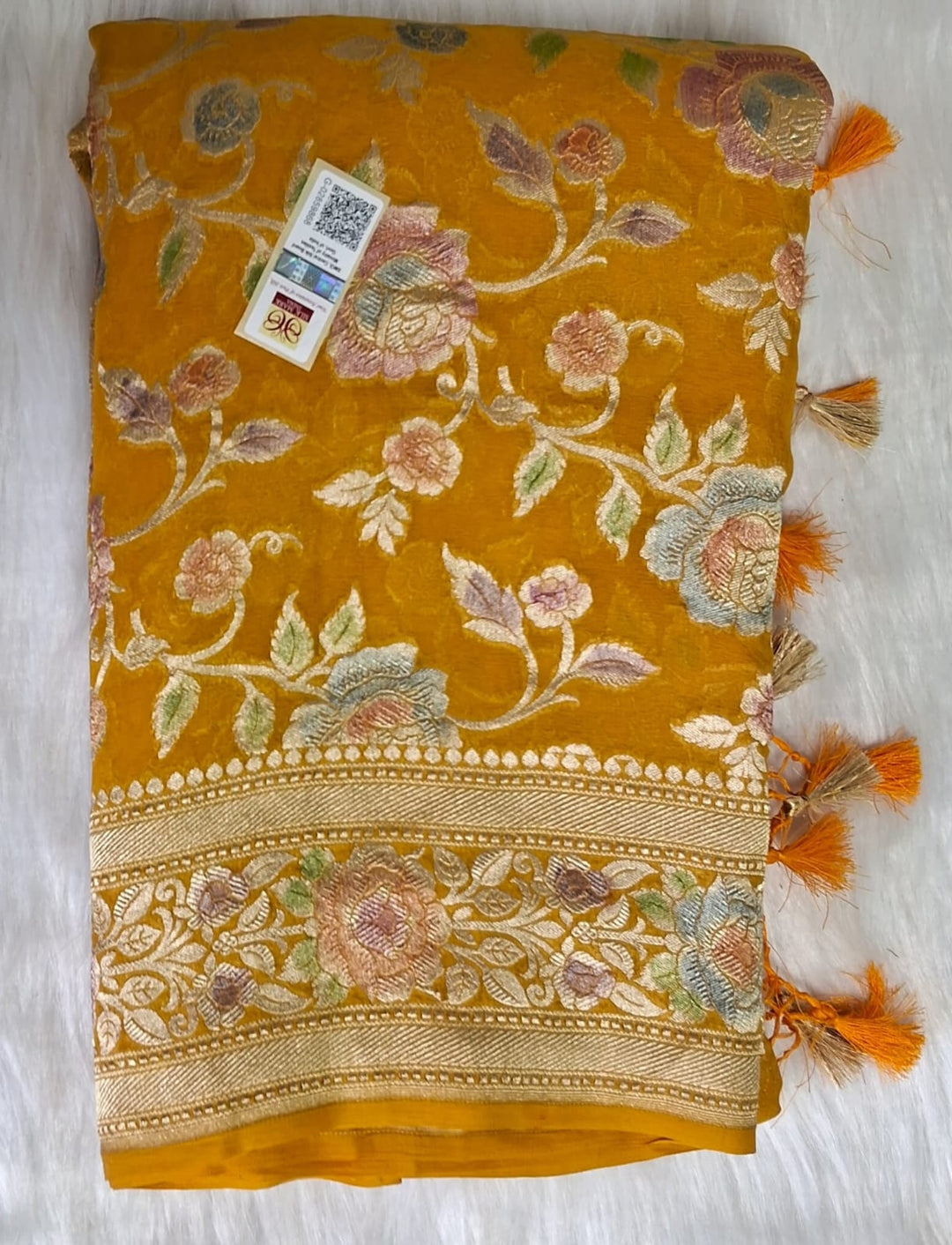 Pure Banarasi Handloom Khaddi Georgette Silk Saree With Water Zari Work in Mustard color