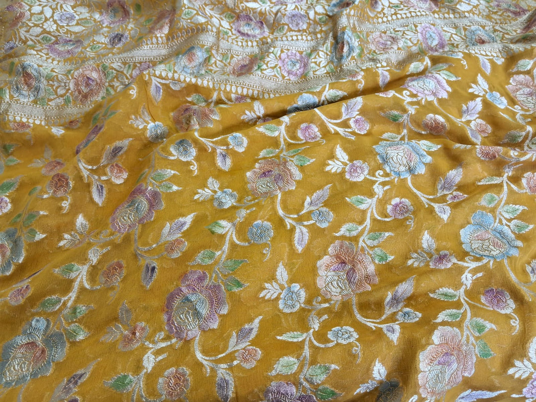 Pure Banarasi Handloom Khaddi Georgette Silk Saree With Water Zari Work in Mustard color