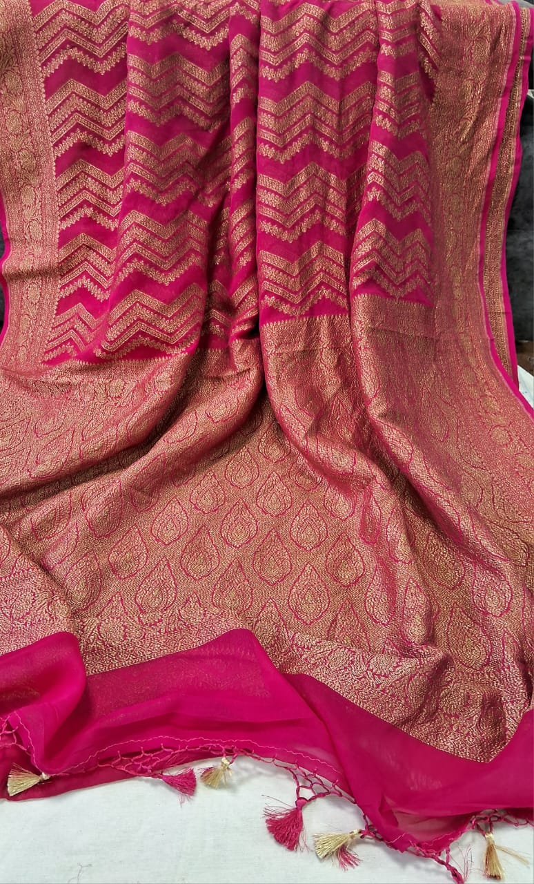 Pure Banarasi Handloom Khaddi Georgette Silk Saree With Water Zari Work in Raani