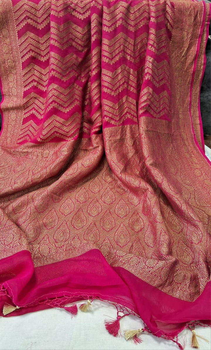 Pure Banarasi Handloom Khaddi Georgette Silk Saree With Water Zari Work in Raani