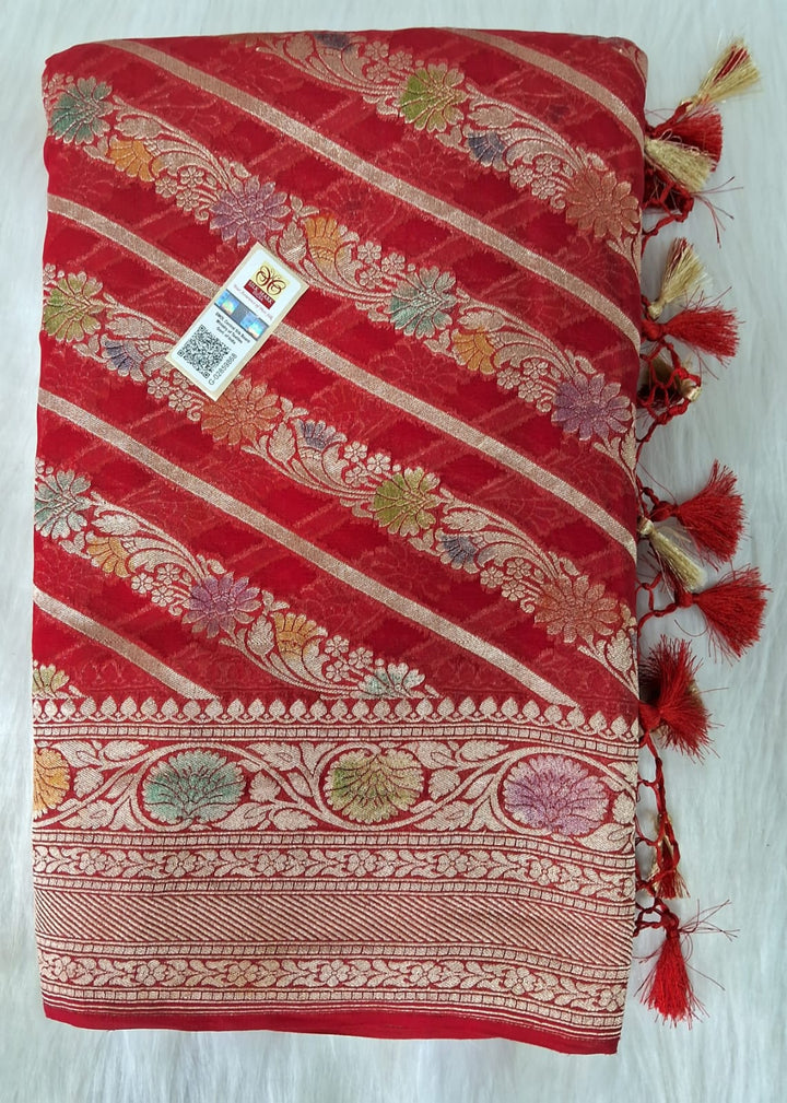 Pure Banarasi Handloom Khaddi Georgette Silk Saree With Water Zari Work in Red color