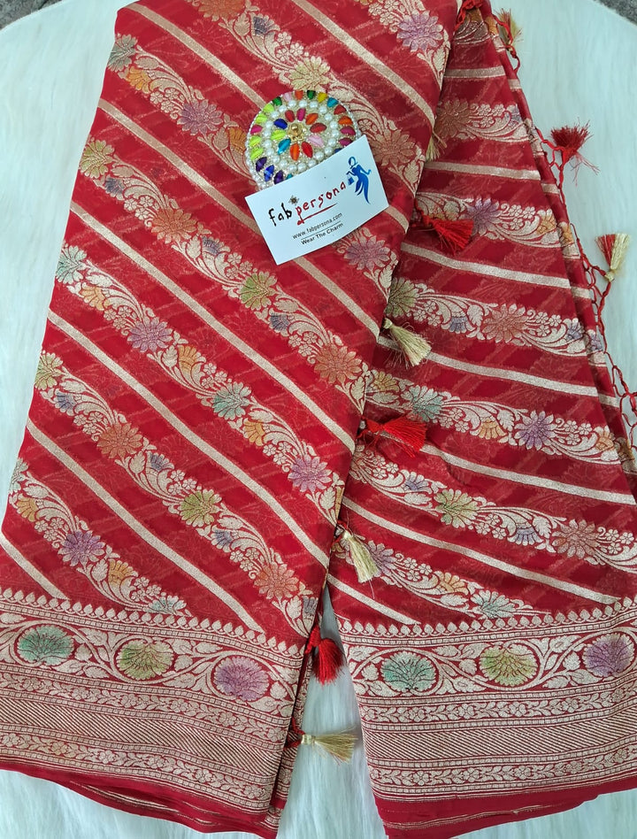 Pure Banarasi Handloom Khaddi Georgette Silk Saree With Water Zari Work in Red color