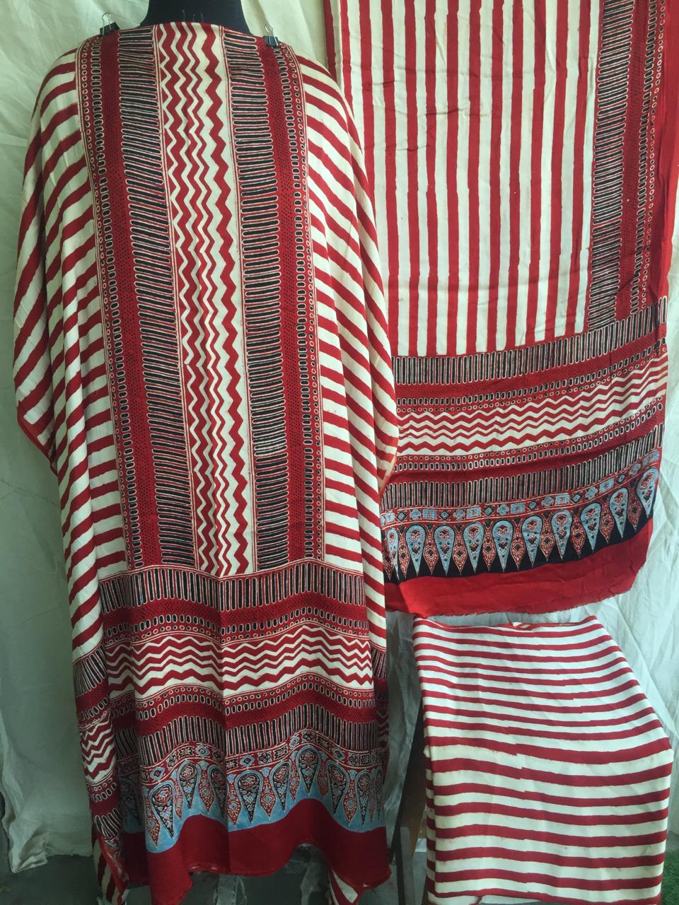Pure Modal Silk Azrakh Print 3pc Unstitched Suit | RED |