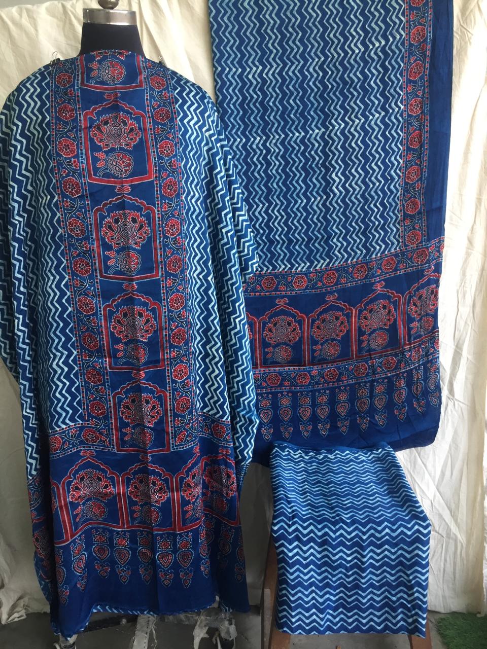 Pure Modal Silk Azrakh Print 3pc Unstitched Suit | BLUE |