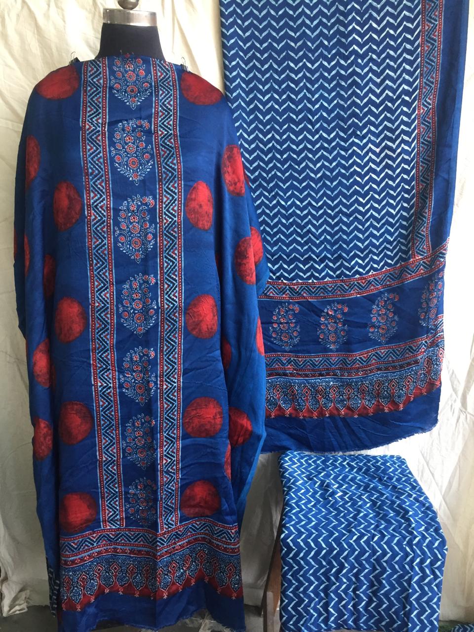Pure Modal Silk Azrakh Print 3pc Unstitched Suit | BLUE |