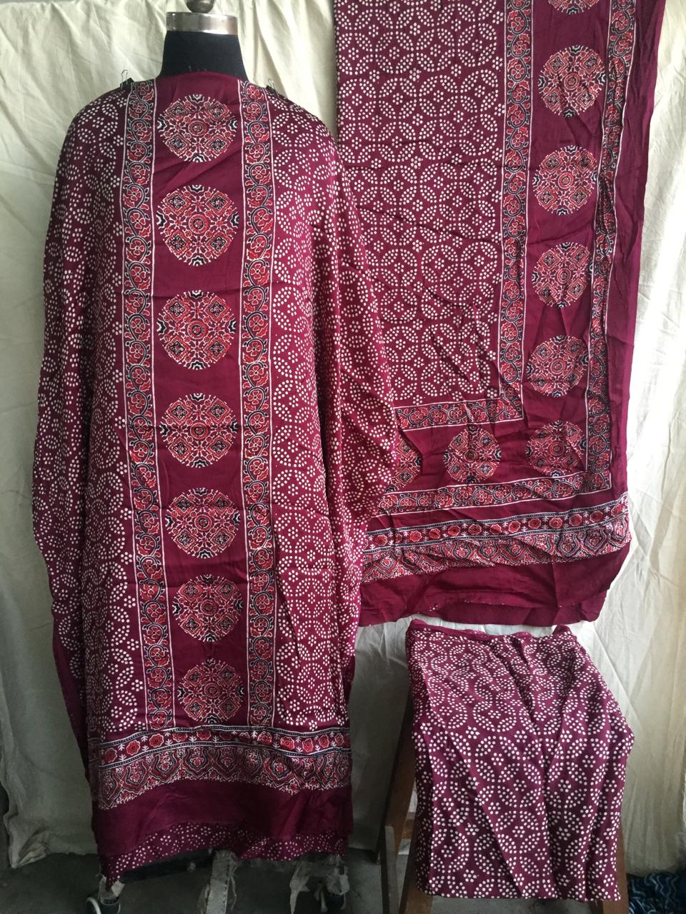 Pure Modal Silk Azrakh Print 3pc Unstitched Suit | RAANI |