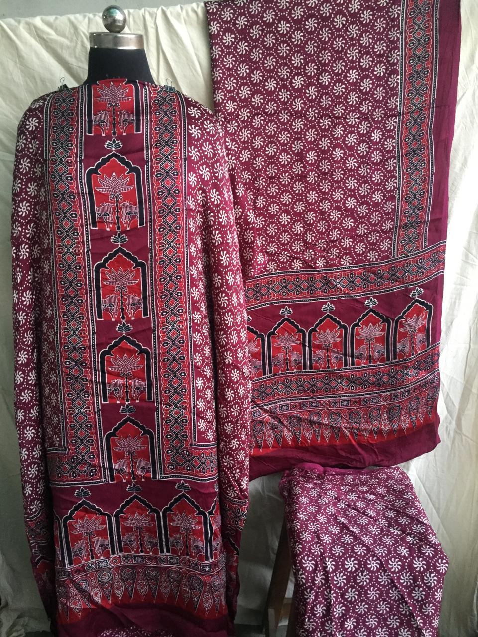 Pure Modal Silk Azrakh Print 3pc Unstitched Suit | RAANI |