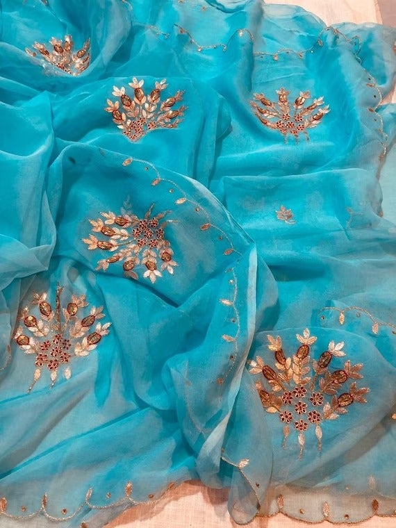 Turquoise color Pure Jaipuri Chiffon Hand Work Saree