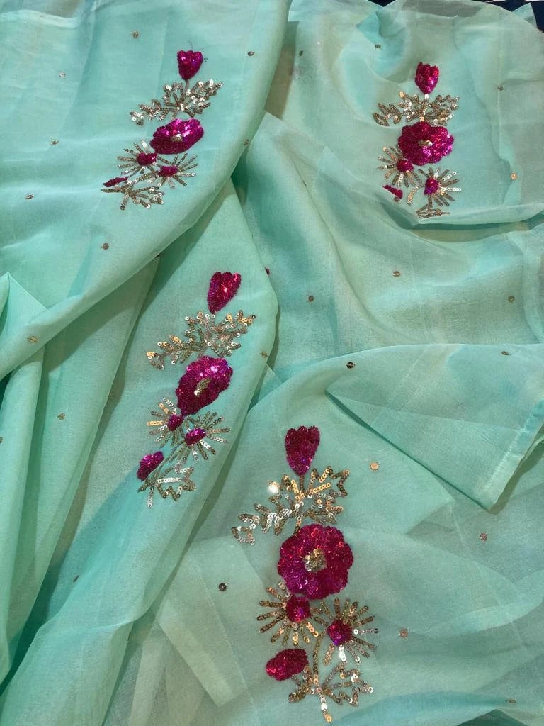 Sea Green color Pure Jaipuri Chiffon Hand Work Saree