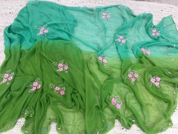 Dual Green color Pure Jaipuri Chiffon Hand Work Saree