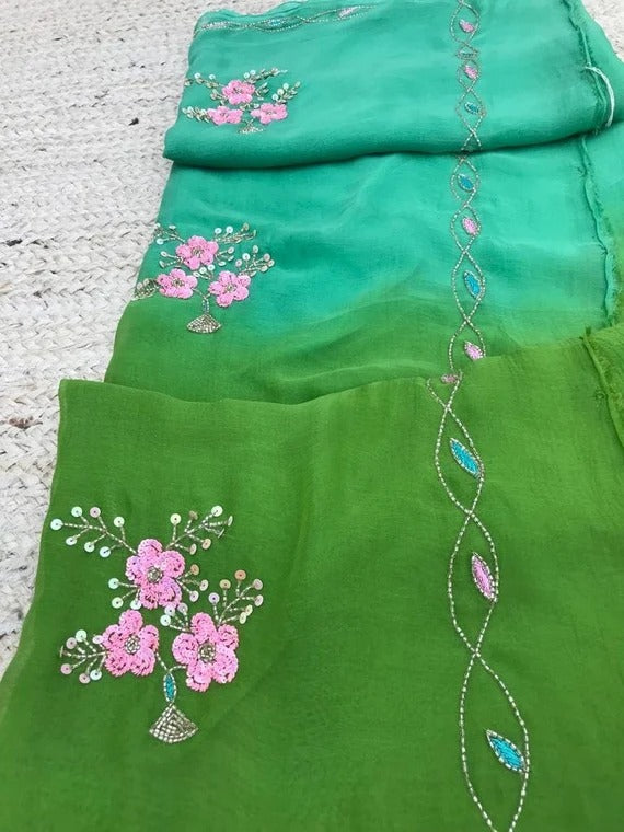 Dual Green color Pure Jaipuri Chiffon Hand Work Saree