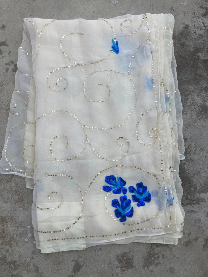 White Color Pure Jaipuri Chiffon Hand Work Saree