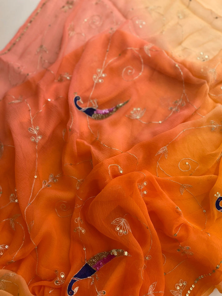 Shaded Orange Color Pure Jaipuri Chiffon Hand Work Saree