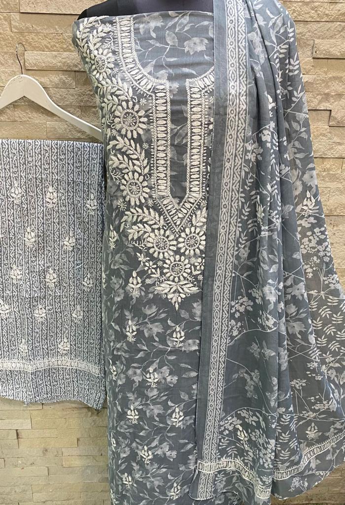 Pure Mul cotton printed Hand Embroidery Chikankari Unstitched Suit.