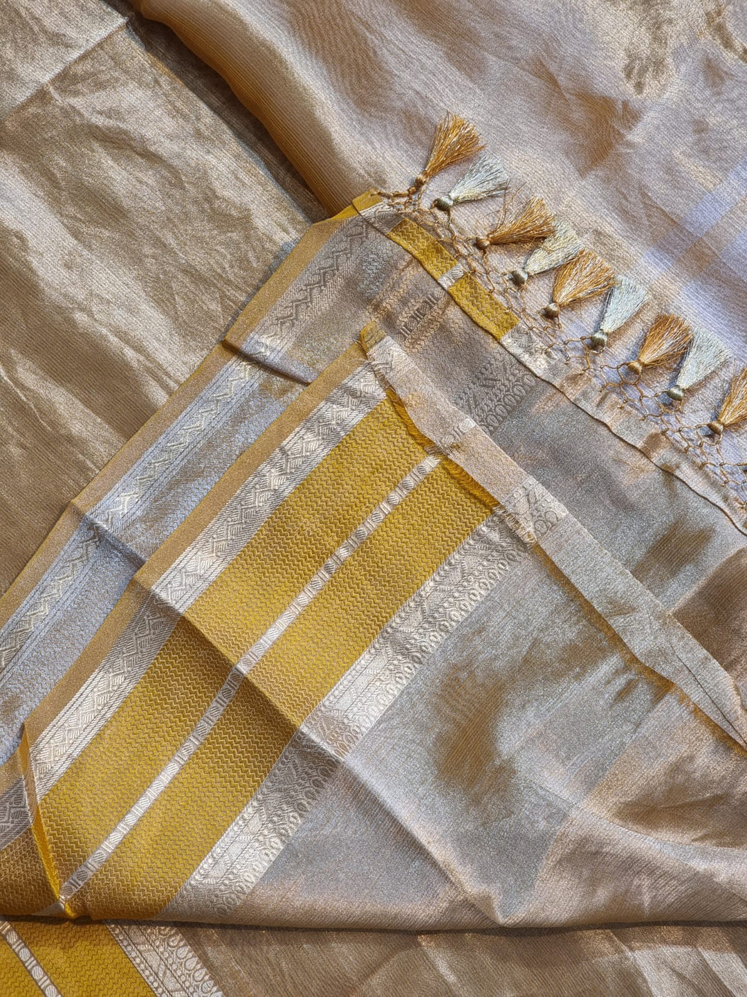 Pure organza double tissue saree with katan silk border and blouse with special tassels