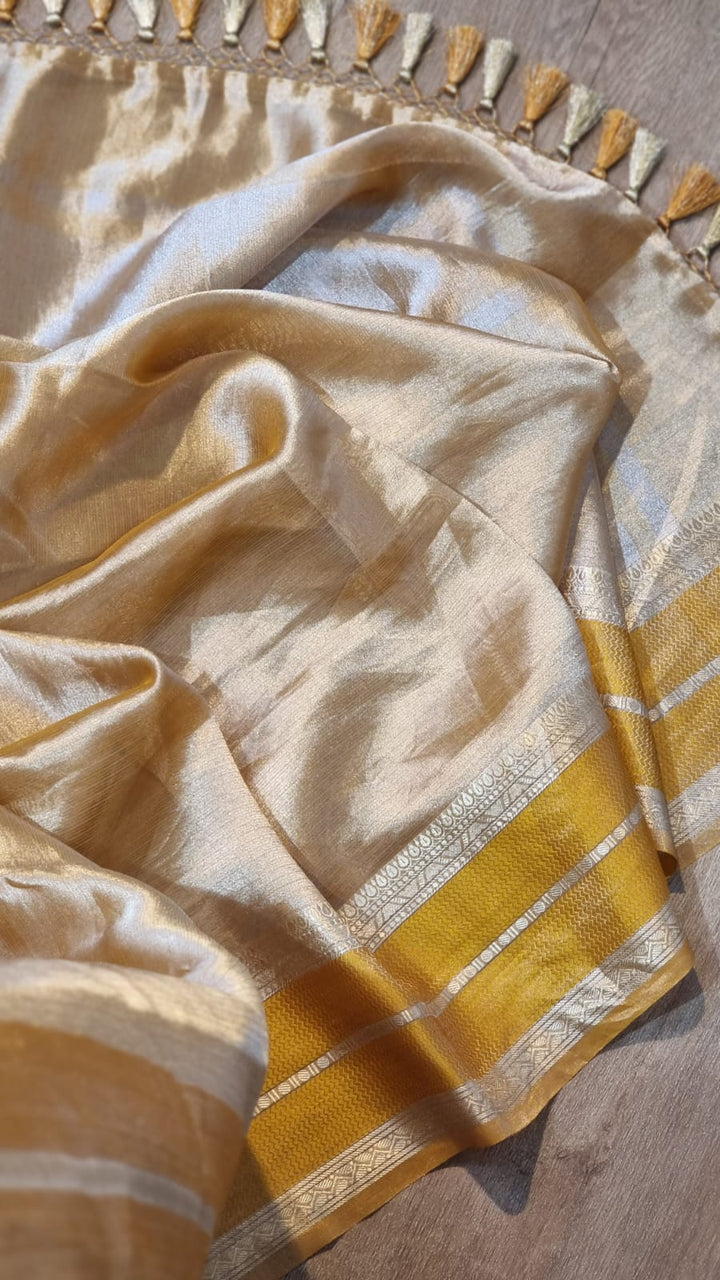 Pure organza double tissue saree with katan silk border and blouse with special tassels