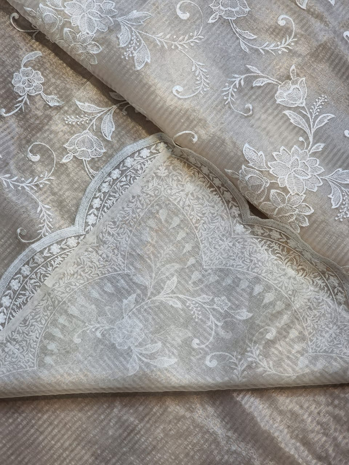 Pure Organza Silk tissue stripe cutwork jaal embroidery with scallop border and blouse saree