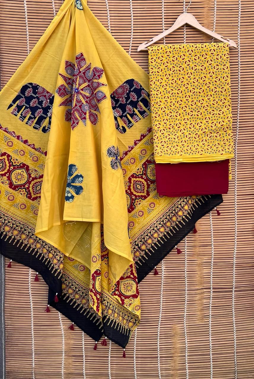 Pure Cotton Azrakh Print Unstitched suit With Handkantha & mirror Work Azrakh Pallu Dupatta.