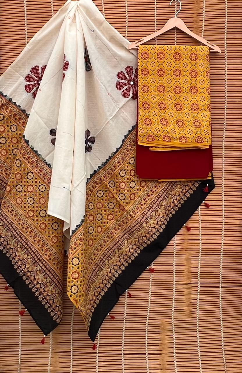 Pure Cotton Azrakh Print Unstitched suit With Handkantha & mirror Work Azrakh Pallu Dupatta.
