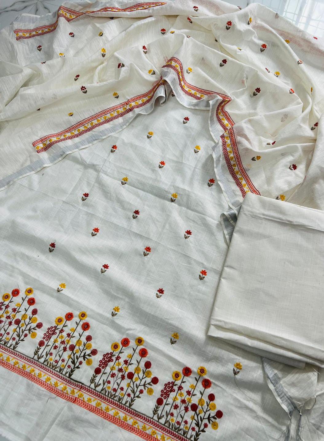Bhagalpuri Cotton Linen Embroidery Unstitched suit.