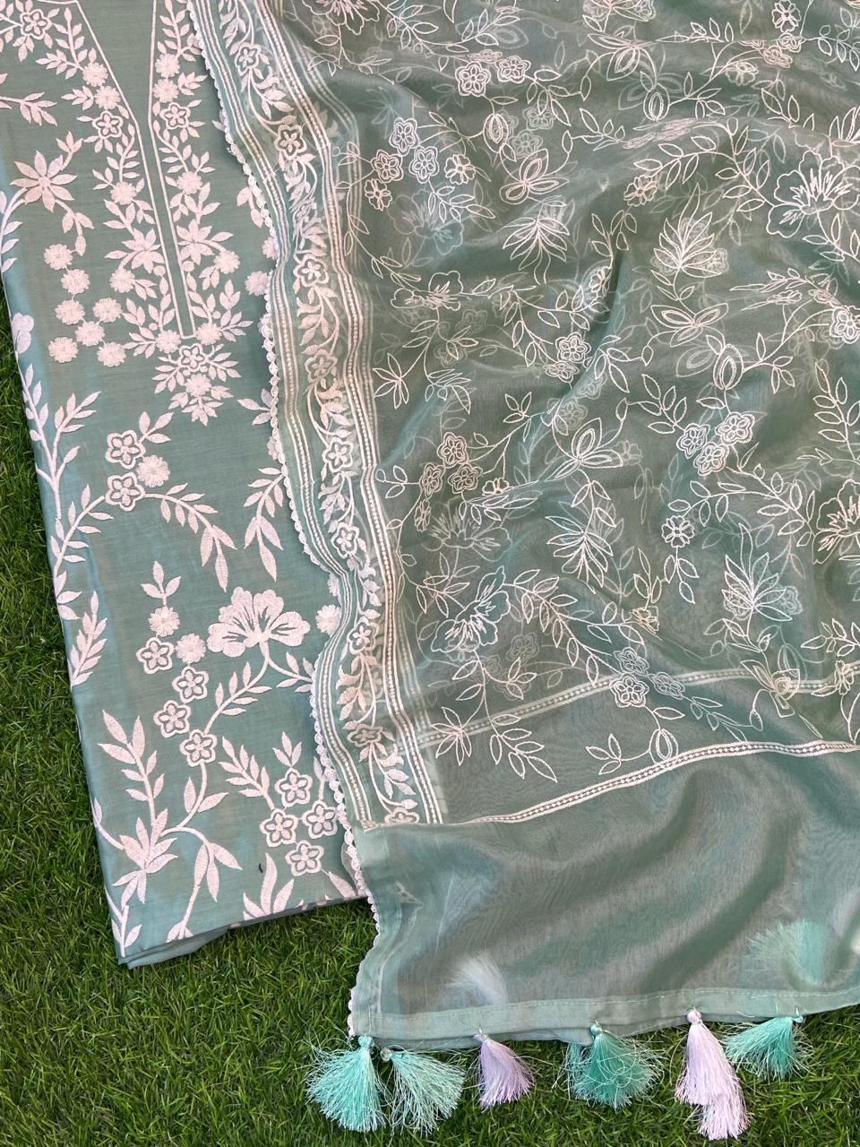 Beautiful pure banarasi chanderi unstitched suit with neck embroidery and organza dupatta